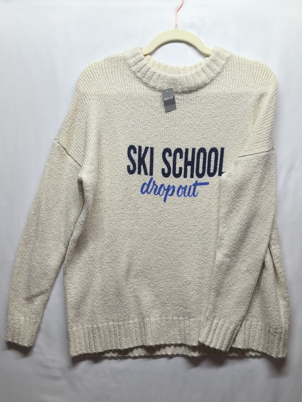 NWT aerie Cream Oversize Crewneck Sweater with Navy and Blue Ski School Graphic